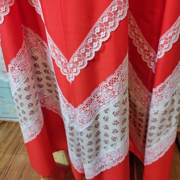 Vintage 1970s Carefree Fashions Red Lace Trim Maxi Skirt - Picture 3 of 16